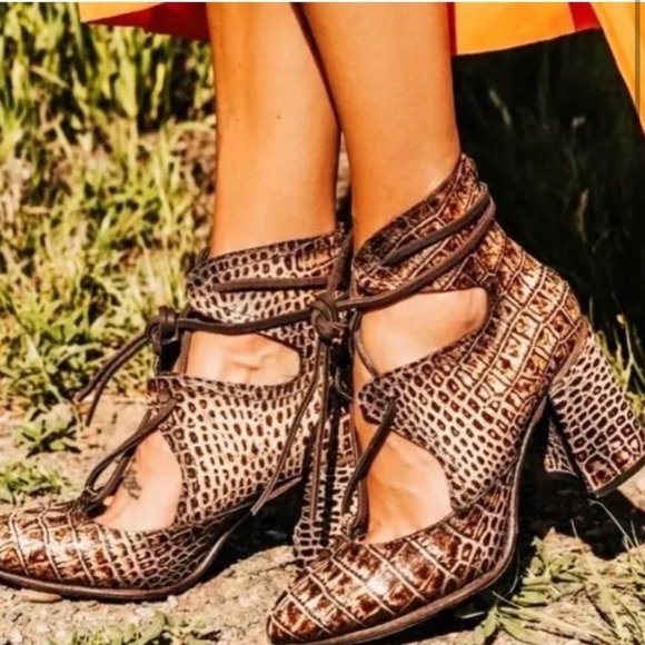 freebird Shoes - Freebird Brown Joyce Lace Up Crocodile Heels